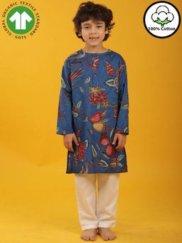 ANTHRILO - Festive Blue Print Pure Cotton Kurta Pyjama Set - Blue