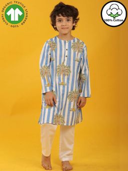 ANTHRILO - Striped Floral Tree Print Pure Cotton Kurta Pyjama Set - White