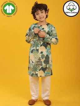 ANTHRILO - Temple Green Floral Print Pure Cotton Kurta Pyjama Set - Green