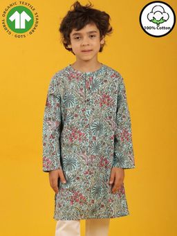 ANTHRILO - Sky Blue Floral Print Pure Cotton Kurta - Sky Blue