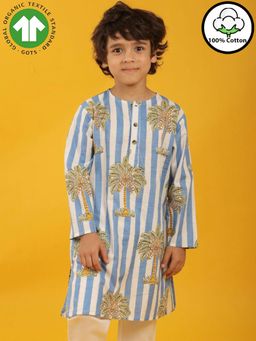 ANTHRILO - Striped Floral Tree Print Pure Cotton Kurta - White