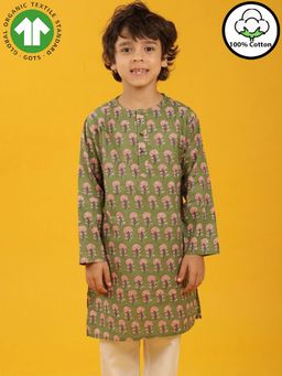 ANTHRILO - Green Floral Print Pure Cotton Kurta - Green