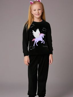 CHERRY CRUMBLE BY NITT HYMAN - Black Solid with Embroidery Girls Winter Nightsuit