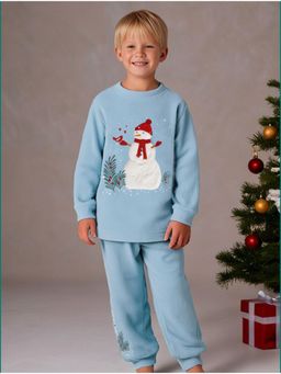 CHERRY CRUMBLE BY NITT HYMAN - Sky Blue Solid and Embroidery Unisex Winter Nightsuit
