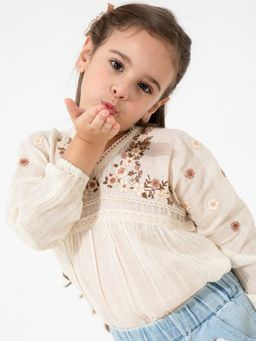 CHERRY CRUMBLE BY NITT HYMAN - Cream Cotton Embroidered Top For Girls