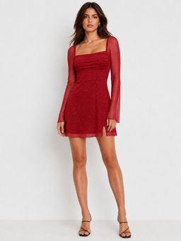 Cider - Square Neck Solid Glitter Knotted Mini Dress