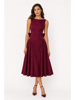 Cider - Velvet Boat Neck Bowknot Backless Midi Dress