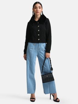 Kazo - Black Cardigan With Fur Collar