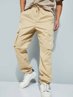 max - Men Solid Relaxed Fit Cargo Beige Jogger