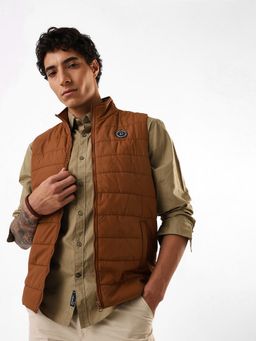 Dennis Lingo - Men Tan Solid Sleeveless Gilet Puffer Jacket
