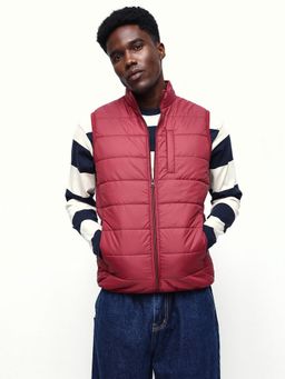 Dennis Lingo - Men Maroon Solid Sleeveless Gilet Puffer Jacket