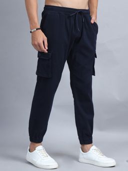 SILISOUL - Men Navy Blue Regular Fit Solid Cotton Cargo Trousers
