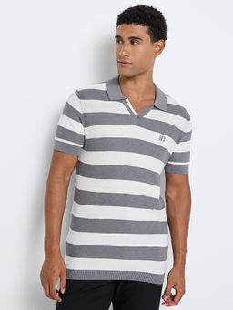 Ben Sherman - Men Grey Collar Neck Stripes Polo T-Shirt
