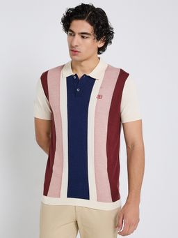Ben Sherman - Men Off White Collar Neck Stripes Polo T-Shirt