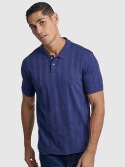 Ben Sherman - Men Blue Collar Neck Textured Polo T-Shirt