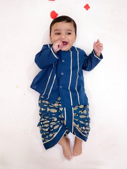 BownBee - Boys Blue Festive Full Sleeves Cotton Kurta with Dhoti Pant