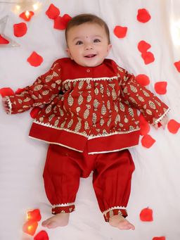 BownBee - Girls Maroon Festive Pure Cotton Kurti with Harrem Pant