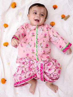 BownBee - Boys Pink Pure Cotton Long Sleeves Kurta Dhoti Pant