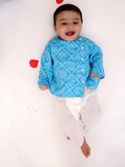 BownBee - Turquoise Full Sleeve Pure Cotton Kurta with Dhoti Pant