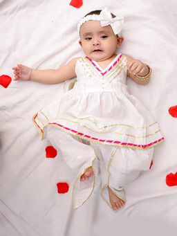 BownBee - Girls White Pure Cotton Lurex Kurti with Dhoti Pant (Set of 3)