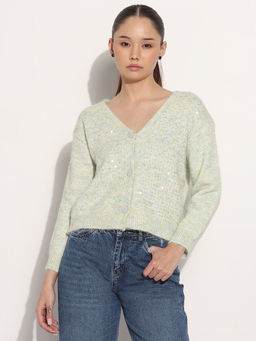 SHOWOFF - Women Embellished Sea Green V-Neck Cardigan