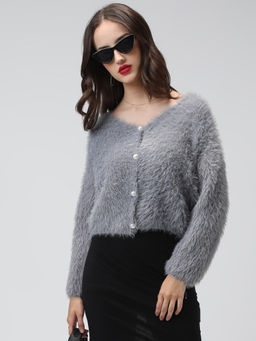 SHOWOFF - Women Ribbed Grey V-Neck Cardigan