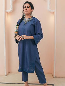 House of Surkh - Navy Blue Lawn Embroidered Kurta with Pant