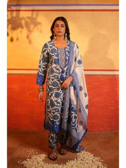 House of Surkh - Blue Floral Print Cotton Kurta and Pant with Dupatta