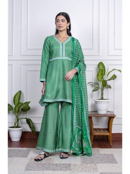 House of Surkh - Green Dola Silk Printed Kurta with Sharara and Dupatta