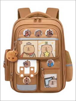 Tinytot - Brown Cartoon Printed Attached Tiny Toy Kids Backpack -30 Litre (7-12 Years)