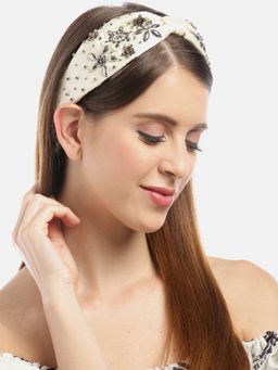 Blueberry - Stone And Beads Embellished Satin Knot Off White Hairband