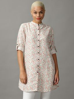 SHOWOFF - Womens Mandarin Collar Printed White Shirt