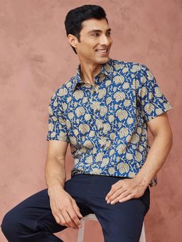 Fabindia - Blue Cotton Bagru Printed Casual Shirt