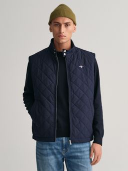 GANT - Men Blue Solid Stand Collar Sleeveless Bomber Vest Jacket