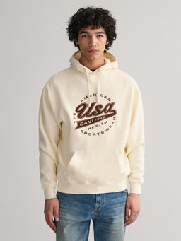 GANT - Men Cream Embroidered Hooded Full Sleeves Pullover Style Sweatshirt