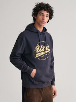 GANT - Men Blue Embroidered Hooded Full Sleeves Pullover Style Sweatshirt