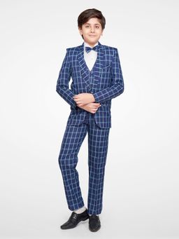 Jeetethnics - Navy Blue Checked Coat Suit With Waistcoat Shirt & Trousers (Set of 5)
