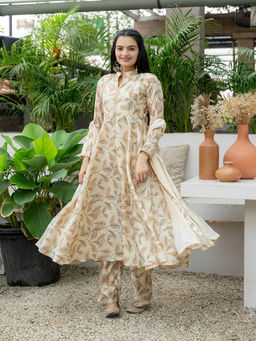 WEAVLLITE - Beige Silk Blend Printed Anarkali (Set of 3)