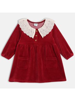 MINI KLUB - Maroon Cotton Full Sleeves Solid Schiffli Design Dress