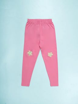 KiddoPanti - Pink Girls Sequin Flower Applique Leggings