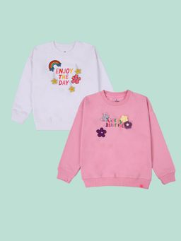 KiddoPanti - Multi-Colour Girls Printed Fleece Sweatshirt (Pack Of 2)
