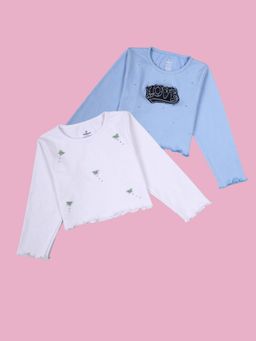 KiddoPanti - Multi-Colour Girls Rib Crop T-Shirt with Applique (Pack Of 2)