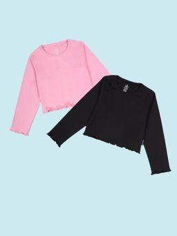 KiddoPanti - Multi-Colour Girls Rib Crop T-Shirt with Applique (Pack Of 2)