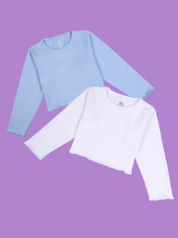 KiddoPanti - Multi-Colour Girls Rib Crop T-Shirt with Applique (Pack Of 2)