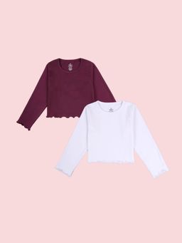 KiddoPanti - Multi-Colour Girls Rib Crop T-Shirt with Applique (Pack Of 2)