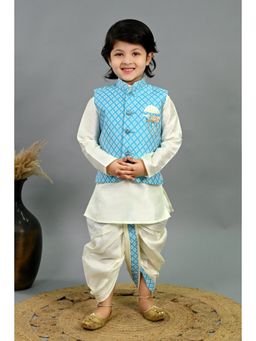 BT DEZINES - Boys Blue Diamond Pattern Kurta and Dhoti with Jacket