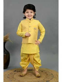 BT DEZINES - Boys Yellow Diamond Pattern Kurta and Dhoti with Jacket