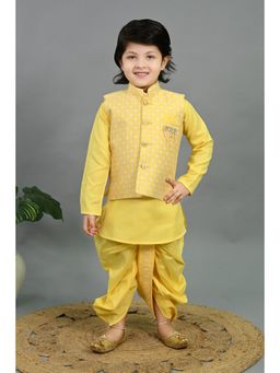 BT DEZINES - Boys Yellow Buti Motifs Kurta and Dhoti with Jacket