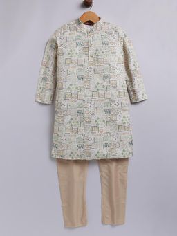 TABARD - Green Cotton Knit Full Sleeves All Over Printed Kurta with Pyjama