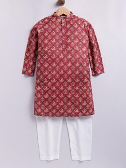 TABARD - Red Cotton Knit Full Sleeves All Over Printed Kurta with Pyjama